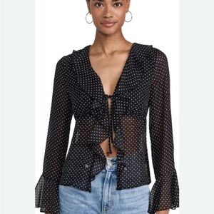 Black Sheer Polka Dot Ruffle Blouse